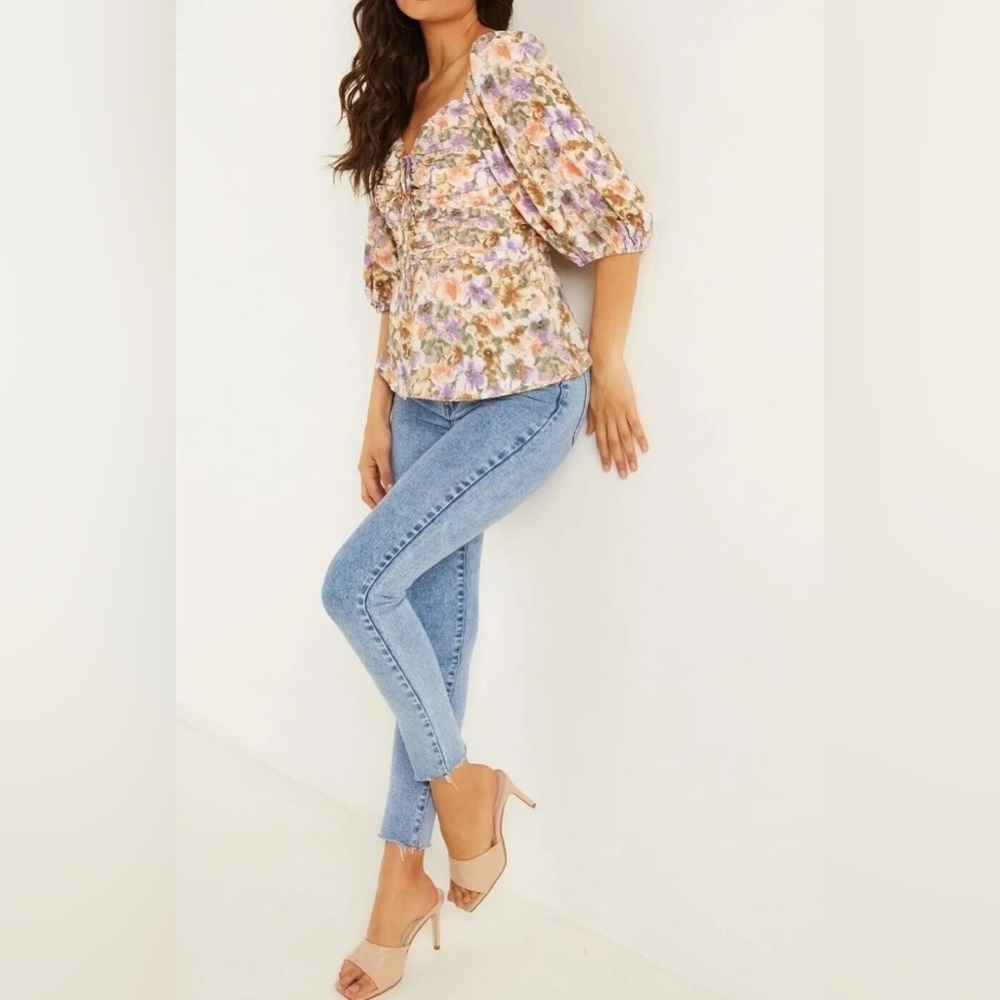 Quiz Ruched Half Sleeve Blouse Top Floral Multicoloured Size 14 US New - Picture 5 of 6